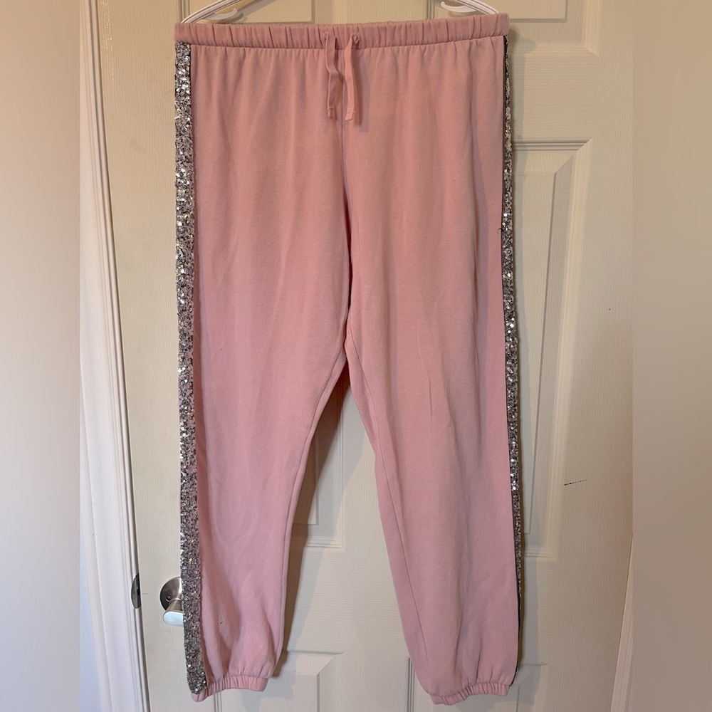 Victoria Secret PINK blush pink and silver sequinned fleece Joggers - Picture 1 of 2